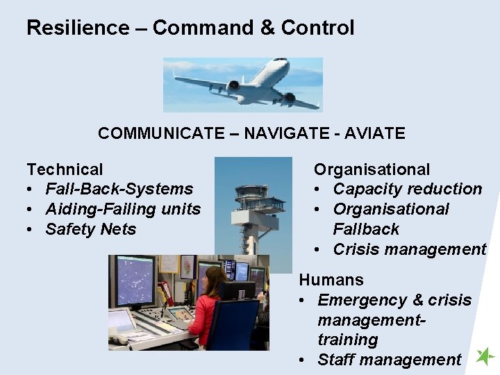 Resilience – Command & Control COMMUNICATE – NAVIGATE - AVIATE Technical • Fall-Back-Systems •