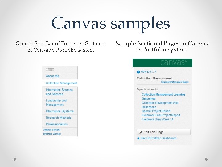 Canvas samples Sample Side Bar of Topics as Sections in Canvas e-Portfolio system Sample