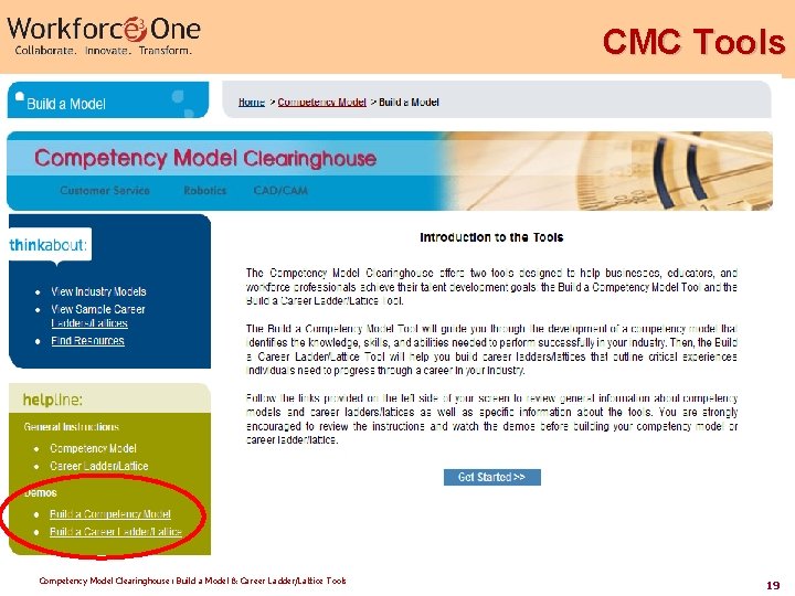CMC Tools Competency Model Clearinghouse: Build a Model & Career Ladder/Lattice Tools 19 CMC Tools Competency Model Clearinghouse: Build a Model & Career Ladder/Lattice Tools 19