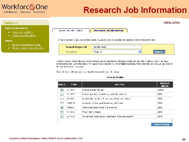 Research Job Information Competency Model Clearinghouse: Build a Model & Career Ladder/Lattice Tools 49