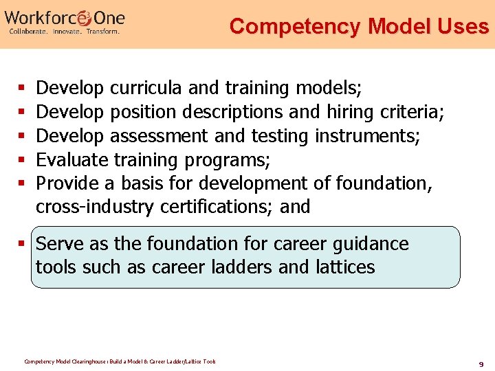 Competency Model Uses § § § Develop curricula and training models; Develop position descriptions Competency Model Uses § § § Develop curricula and training models; Develop position descriptions