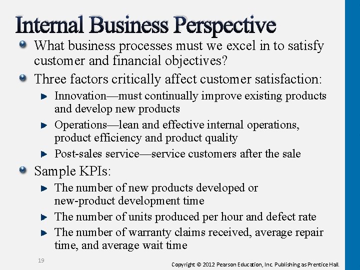 Internal Business Perspective What business processes must we excel in to satisfy customer and