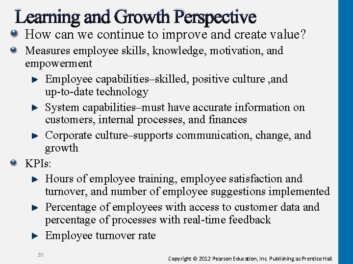 Learning and Growth Perspective How can we continue to improve and create value? Measures