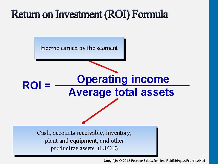 Return on Investment (ROI) Formula Income earned by the segment ROI = Operating income