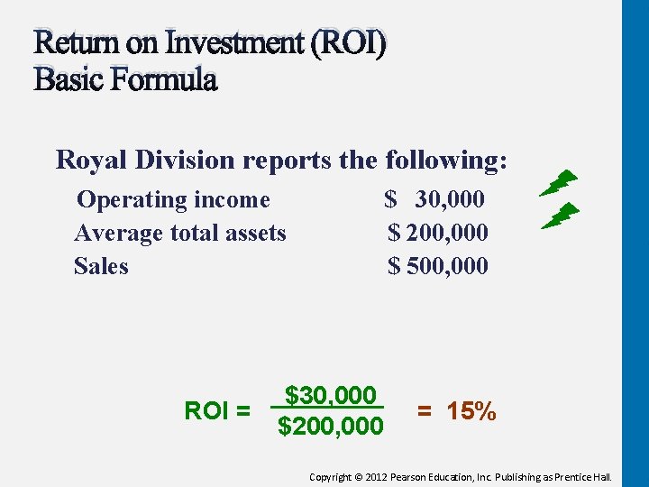 Return on Investment (ROI) Basic Formula Royal Division reports the following: Operating income $