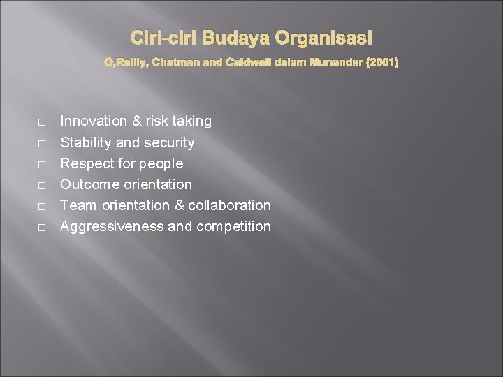 Ciri-ciri Budaya Organisasi O’Reilly, Chatman and Caldwell dalam Munandar (2001) Innovation & risk taking