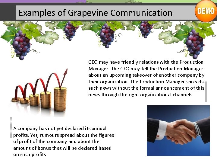 Examples of Grapevine Communication CEO may have friendly relations with the Production Manager. The