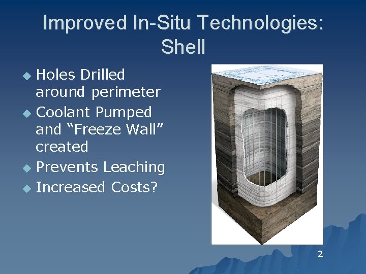 Improved In-Situ Technologies: Shell Holes Drilled around perimeter u Coolant Pumped and “Freeze Wall”