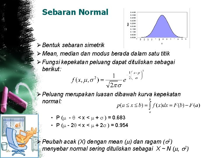 Sebaran Normal Ø Bentuk sebaran simetrik Ø Mean, median dan modus berada dalam satu