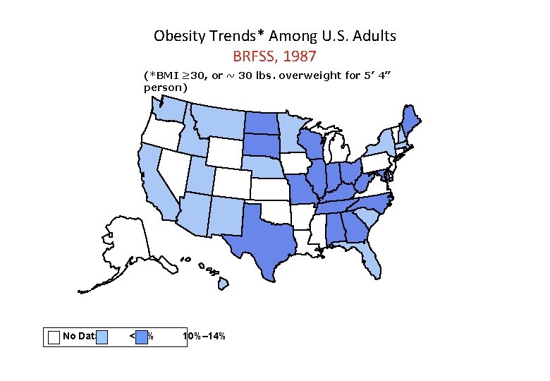 Obesity Trends* Among U. S. Adults BRFSS, 1987 (*BMI ≥ 30, or ~ 30