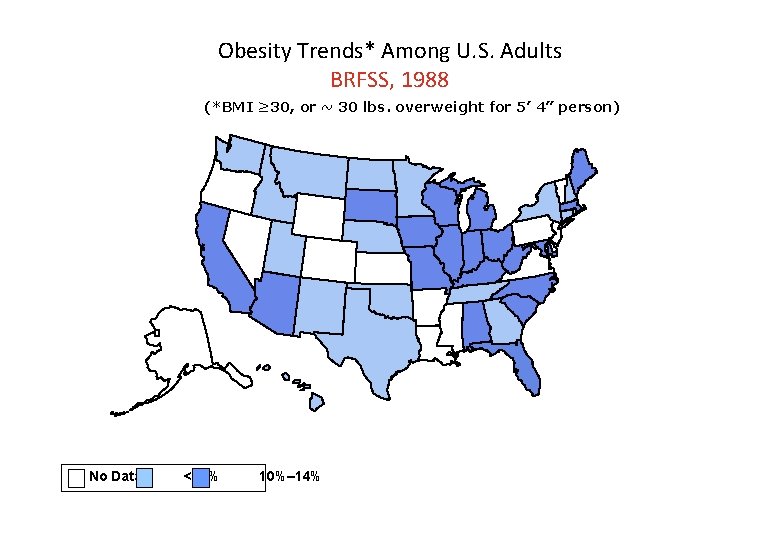 Obesity Trends* Among U. S. Adults BRFSS, 1988 (*BMI ≥ 30, or ~ 30