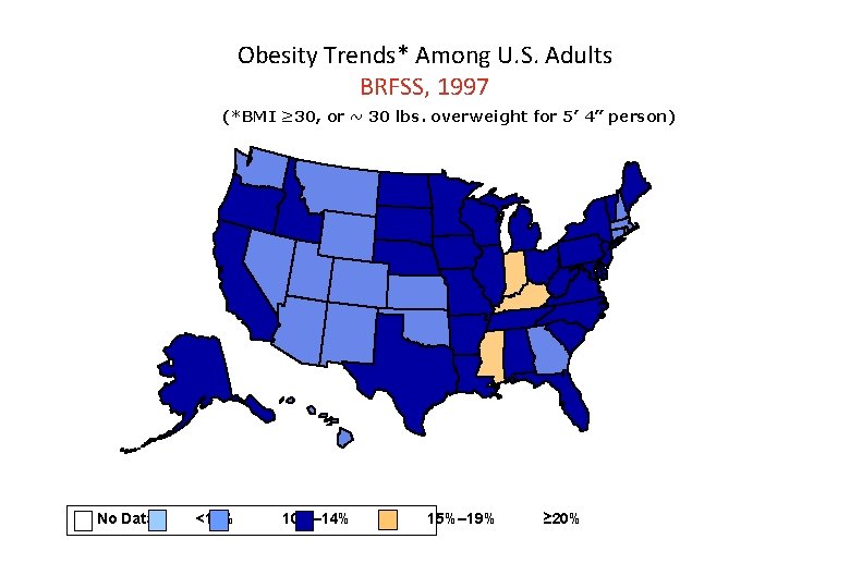 Obesity Trends* Among U. S. Adults BRFSS, 1997 (*BMI ≥ 30, or ~ 30