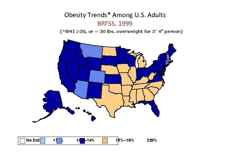 Obesity Trends* Among U. S. Adults BRFSS, 1999 (*BMI ≥ 30, or ~ 30