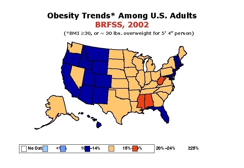 Obesity Trends* Among U. S. Adults BRFSS, 2002 (*BMI ≥ 30, or ~ 30