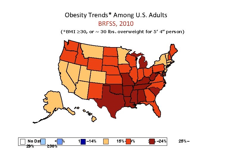 Obesity Trends* Among U. S. Adults BRFSS, 2010 (*BMI ≥ 30, or ~ 30