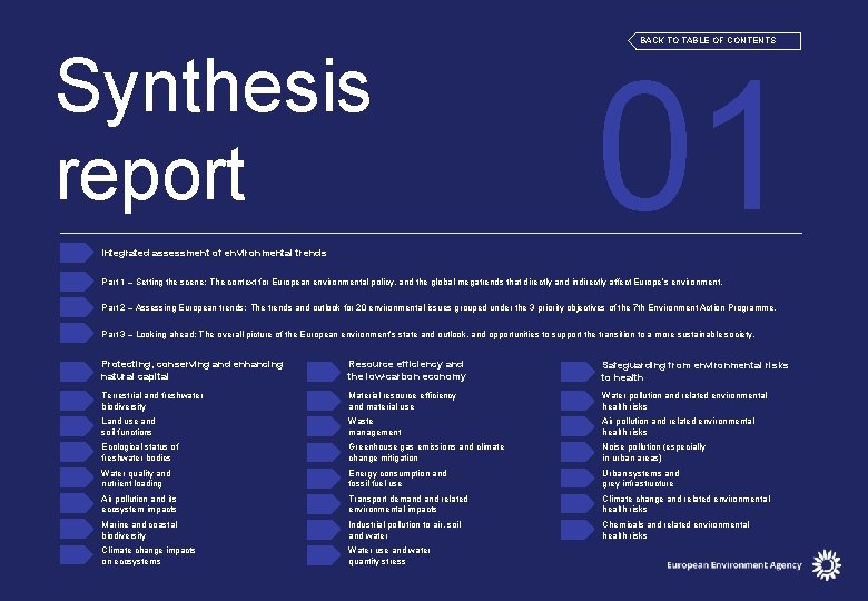 Synthesis report Integrated assessment of environmental trends BACK TO TABLE OF CONTENTS 01 Part