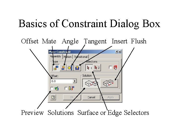 Basics of Constraint Dialog Box Offset Mate Angle Tangent Insert Flush Preview Solutions Surface