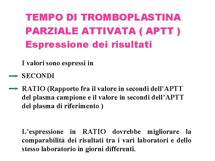 TEMPO DI TROMBOPLASTINA PARZIALE ATTIVATA ( APTT ) Espressione dei risultati I valori sono