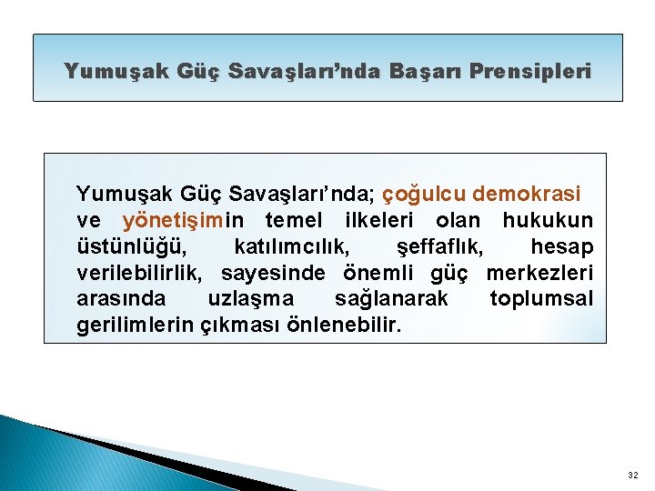 Yumuşak Güç Savaşları’nda Başarı Prensipleri Yumuşak Güç Savaşları’nda; çoğulcu demokrasi ve yönetişimin temel ilkeleri