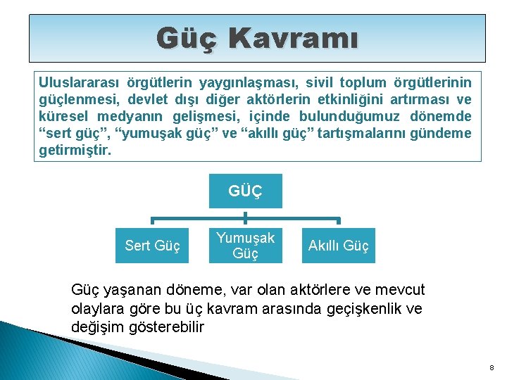 Güç Kavramı Uluslararası örgütlerin yaygınlaşması, sivil toplum örgütlerinin güçlenmesi, devlet dışı diğer aktörlerin etkinliğini