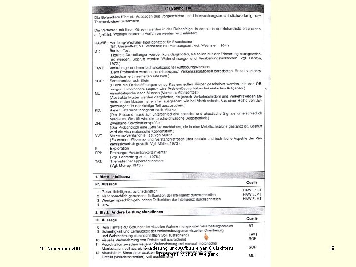 16, November 2006 Gliederung und Aufbau eines Gutachtens Referent: Michael Weigand 19 