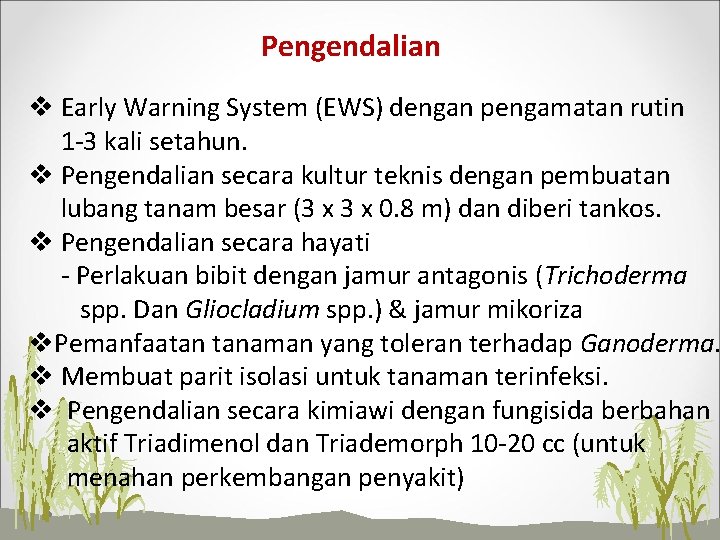 Pengendalian v Early Warning System (EWS) dengan pengamatan rutin 1 -3 kali setahun. v