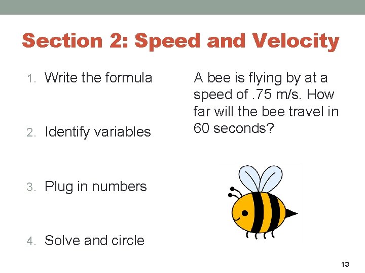Section 2: Speed and Velocity 1. Write the formula 2. Identify variables A bee