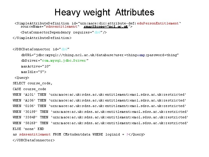 Heavy weight Attributes <Simple. Attribute. Definition id="urn: mace: dir: attribute-def: edu. Person. Entitlement“ source.