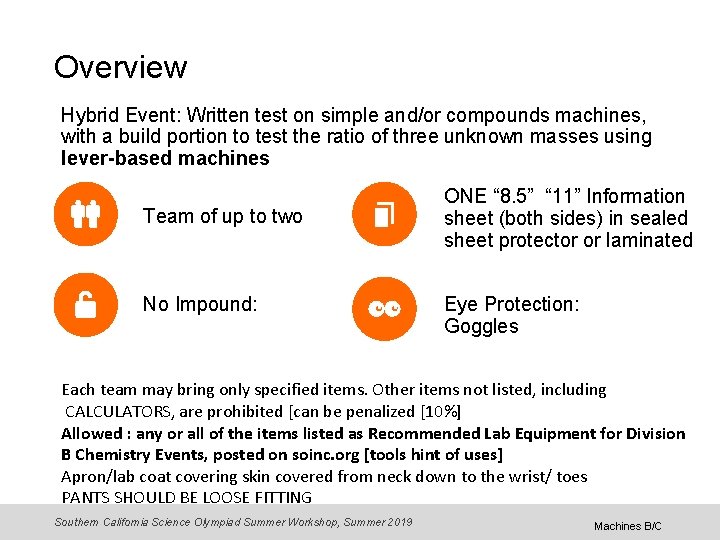 Overview Hybrid Event: Written test on simple and/or compounds machines, with a build portion