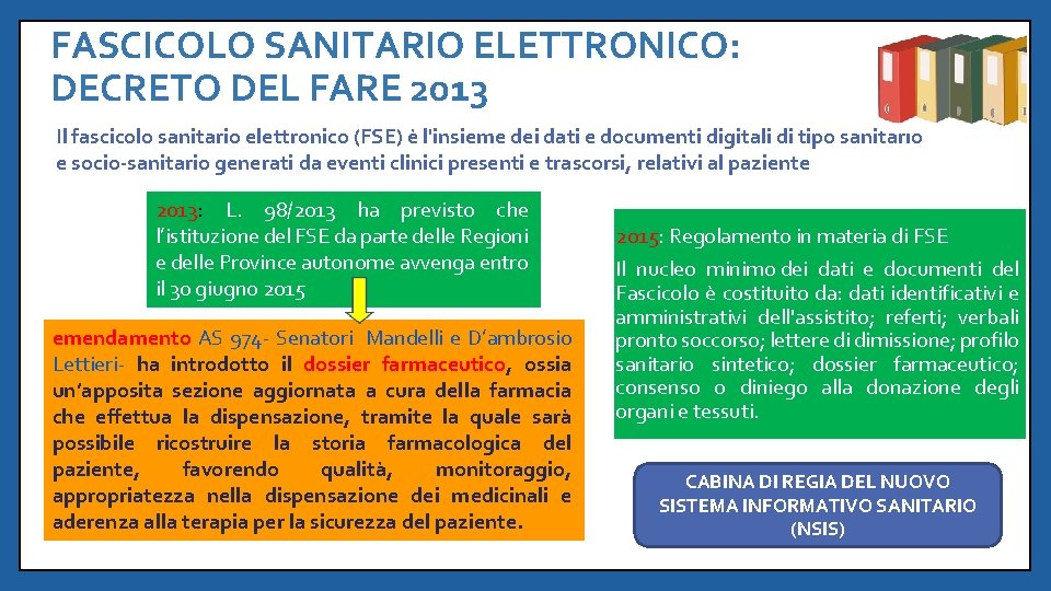 FASCICOLO SANITARIO ELETTRONICO: DECRETO DEL FARE 2013 Il fascicolo sanitario elettronico (FSE) è l'insieme