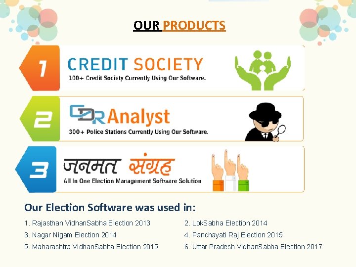 OUR PRODUCTS Our Election Software was used in: 1. Rajasthan Vidhan. Sabha Election 2013