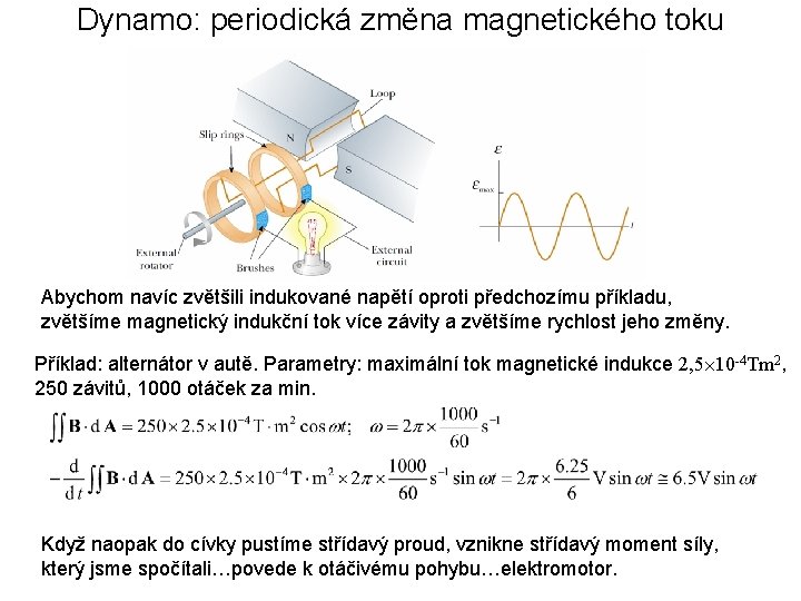 Dynamo: periodická změna magnetického toku Abychom navíc zvětšili indukované napětí oproti předchozímu příkladu, zvětšíme