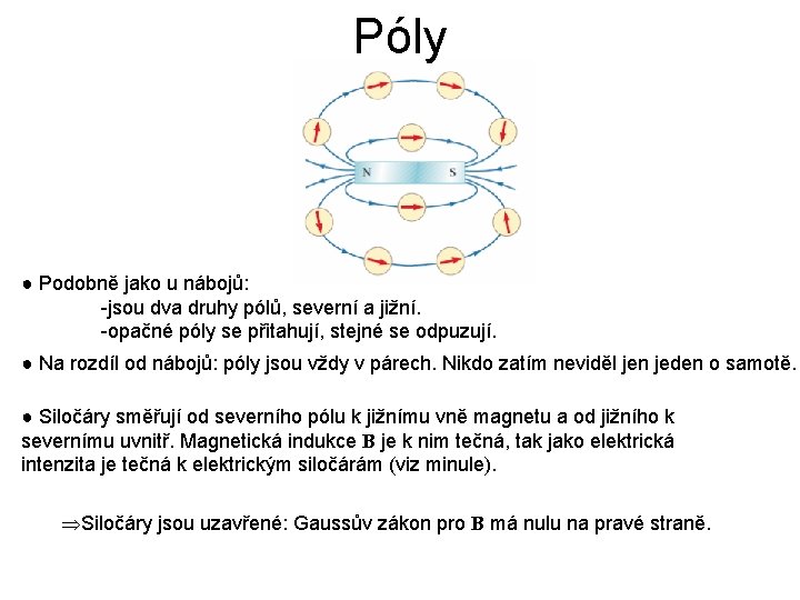 Póly ● Podobně jako u nábojů: -jsou dva druhy pólů, severní a jižní. -opačné