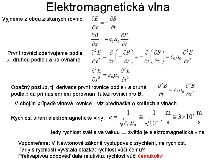 Elektromagnetická vlna Vyjdeme z obou získaných rovnic: První rovnici zderivujeme podle x, druhou podle
