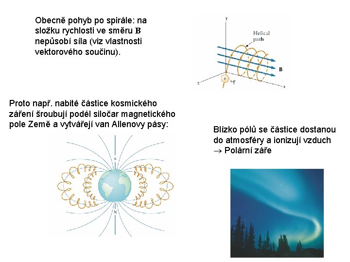 Obecně pohyb po spirále: na složku rychlosti ve směru B nepůsobí síla (viz vlastnosti