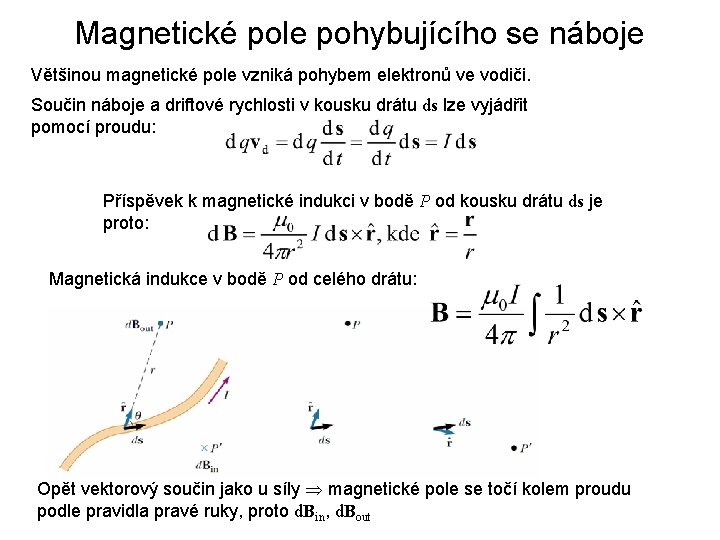 Magnetické pole pohybujícího se náboje Většinou magnetické pole vzniká pohybem elektronů ve vodiči. Součin