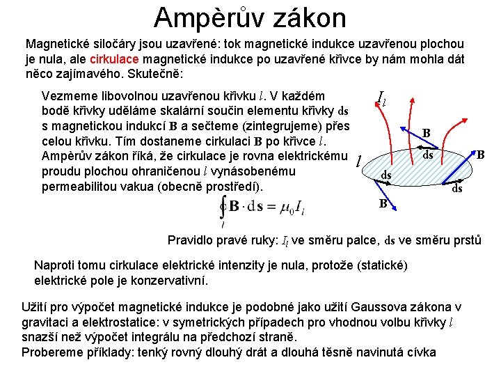 Ampèrův zákon Magnetické siločáry jsou uzavřené: tok magnetické indukce uzavřenou plochou je nula, ale