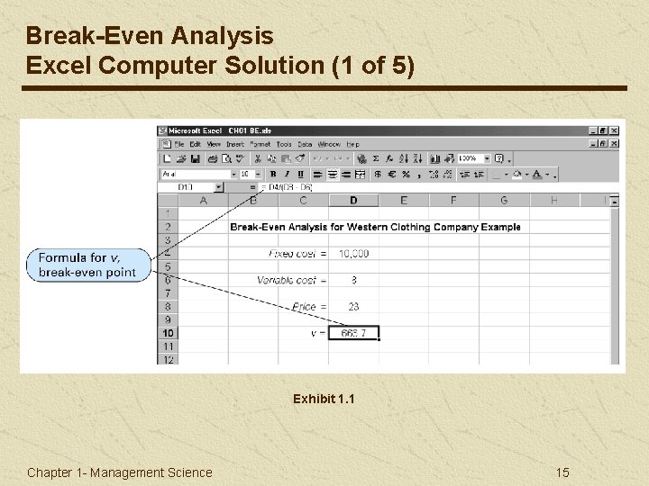 Break-Even Analysis Excel Computer Solution (1 of 5) Exhibit 1. 1 Chapter 1 -