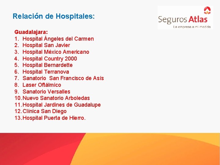 Relación de Hospitales: Guadalajara: 1. Hospital Ángeles del Carmen 2. Hospital San Javier 3.
