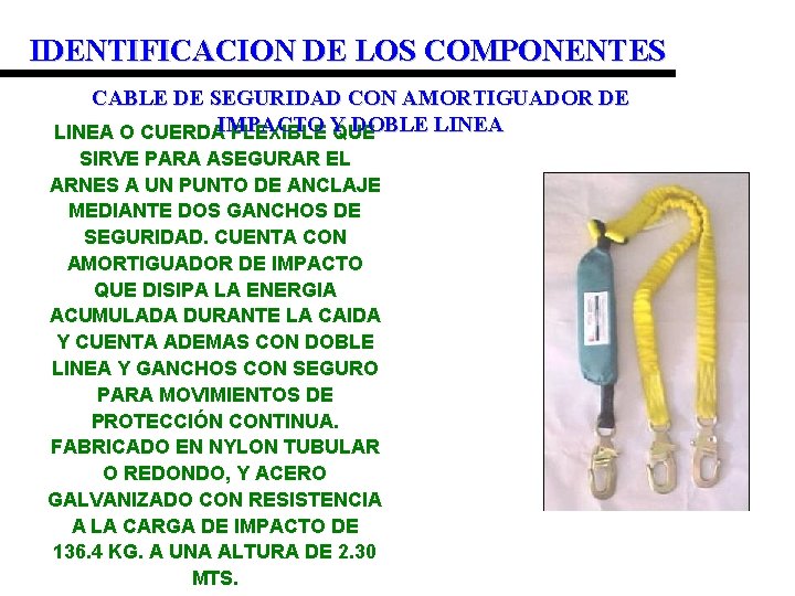 IDENTIFICACION DE LOS COMPONENTES CABLE DE SEGURIDAD CON AMORTIGUADOR DE DOBLE LINEA O CUERDAIMPACTO