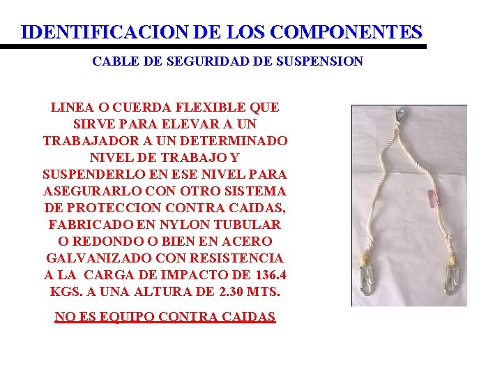 IDENTIFICACION DE LOS COMPONENTES CABLE DE SEGURIDAD DE SUSPENSION LINEA O CUERDA FLEXIBLE QUE