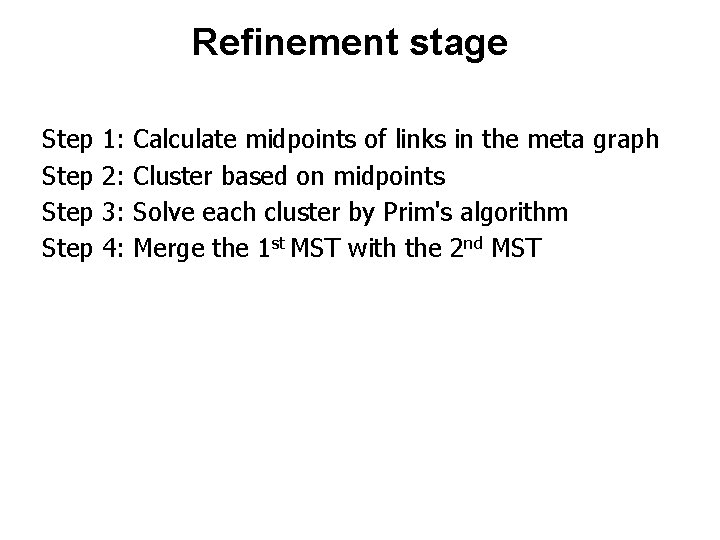 Refinement stage Step 1: 2: 3: 4: Calculate midpoints of links in the meta