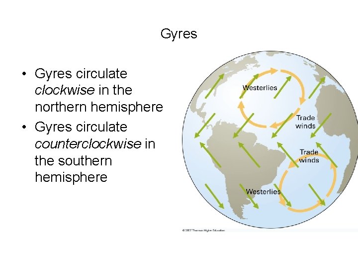 Gyres • Gyres circulate clockwise in the northern hemisphere • Gyres circulate counterclockwise in