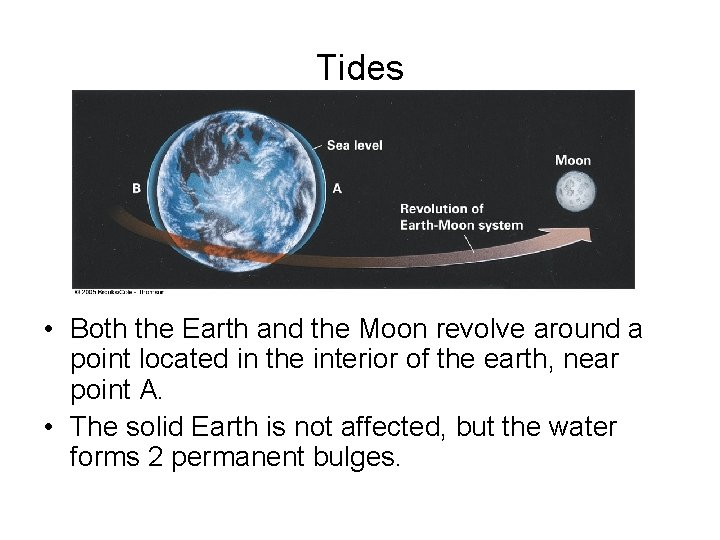 Tides • Both the Earth and the Moon revolve around a point located in