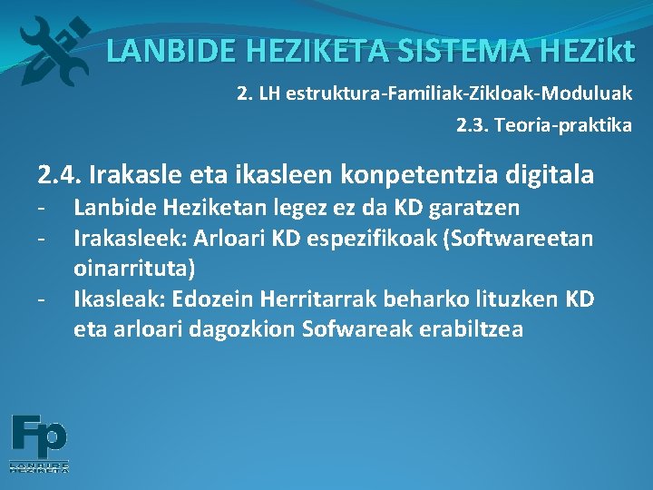 LANBIDE HEZIKETA SISTEMA HEZikt 2. LH estruktura-Familiak-Zikloak-Moduluak 2. 3. Teoria-praktika 2. 4. Irakasle eta