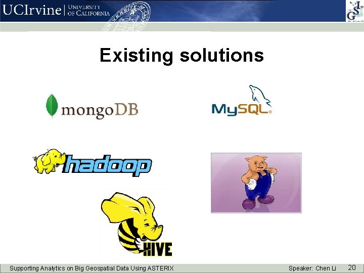 Existing solutions Supporting Analytics on Big Geospatial Data Using ASTERIX Speaker: Chen Li 20