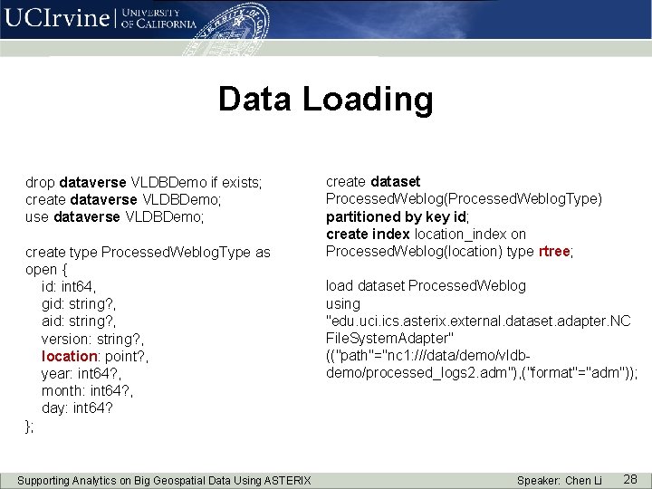 Data Loading drop dataverse VLDBDemo if exists; create dataverse VLDBDemo; use dataverse VLDBDemo; create