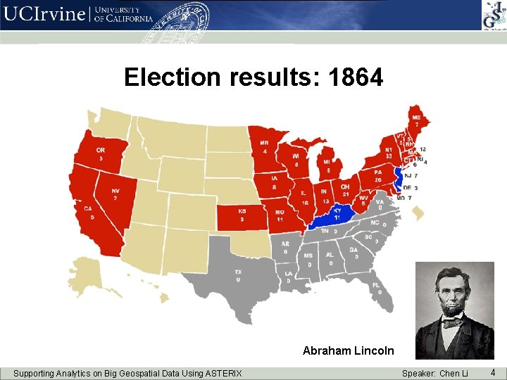 Election results: 1864 Abraham Lincoln Supporting Analytics on Big Geospatial Data Using ASTERIX Speaker: