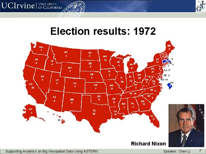 Election results: 1972 Richard Nixon Supporting Analytics on Big Geospatial Data Using ASTERIX Speaker: