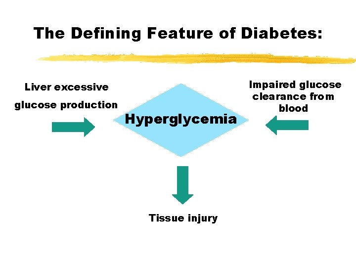 The Defining Feature of Diabetes: Liver excessive glucose production Hyperglycemia Tissue injury Impaired glucose